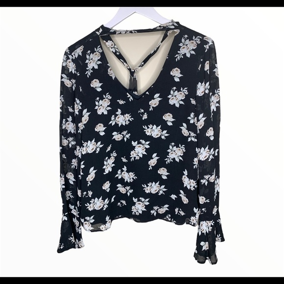 SANCTUARY Anthro Rosie Tie Blouse W Long Bell Style Sleeves Black Floral Size XS - Picture 12 of 13